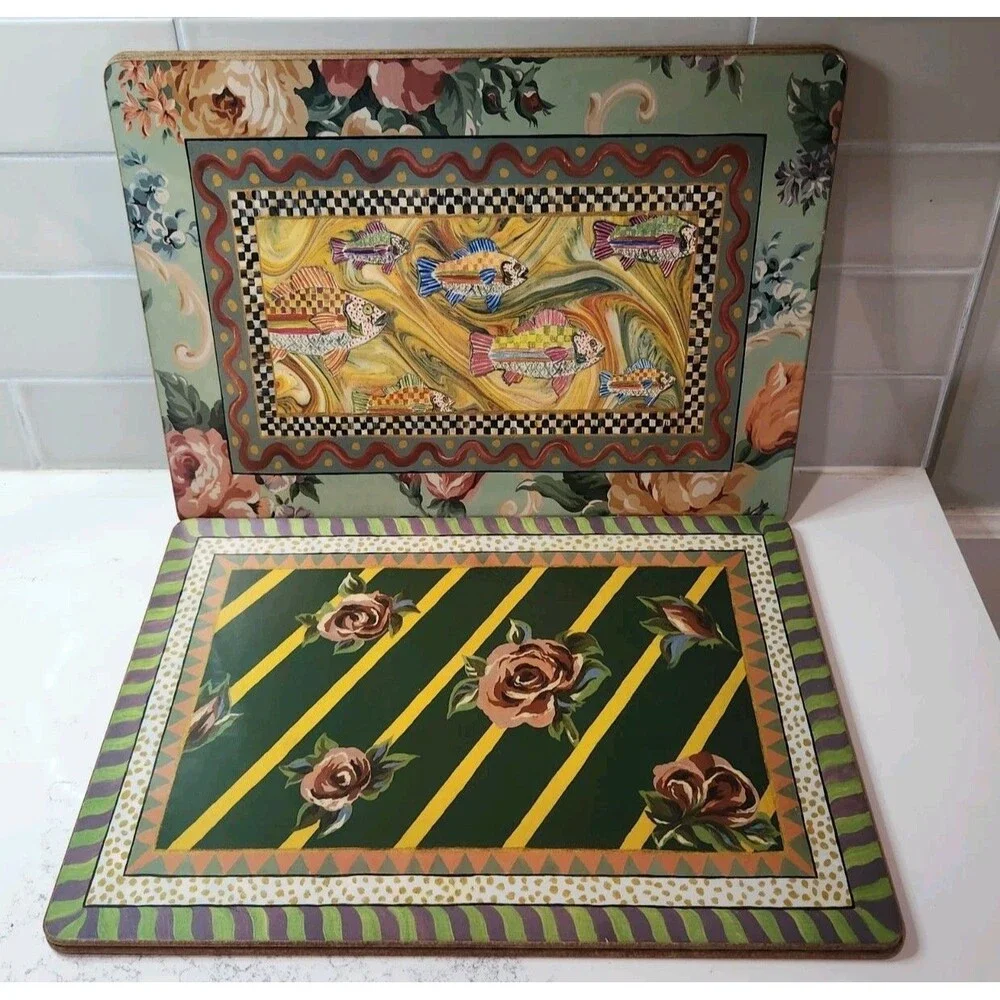 Set of 5 Mackenzie Childs Cork Placemats 3 Courtly Check Fish 2 Roses Floral